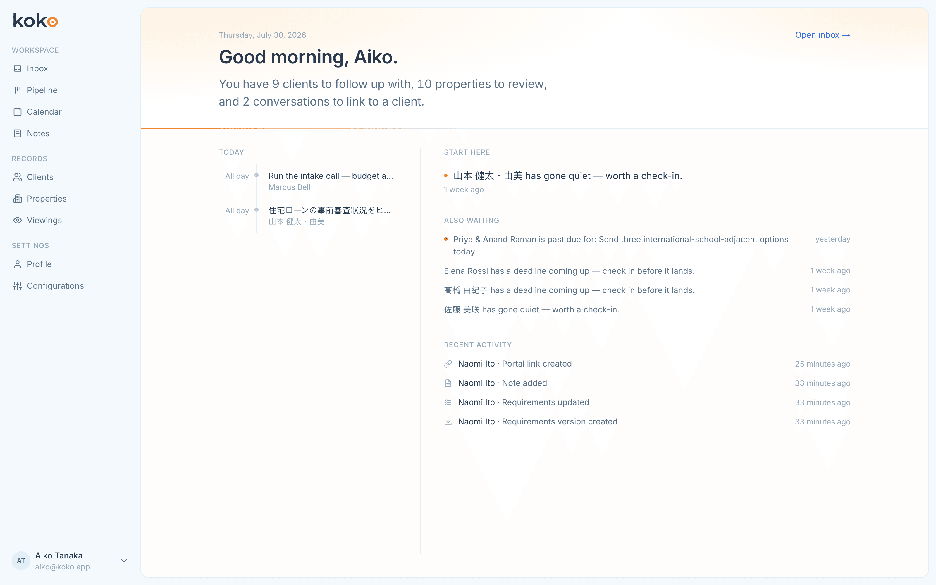 The koko workspace showing an agent's morning briefing, today's viewings and the clients waiting for a reply.
